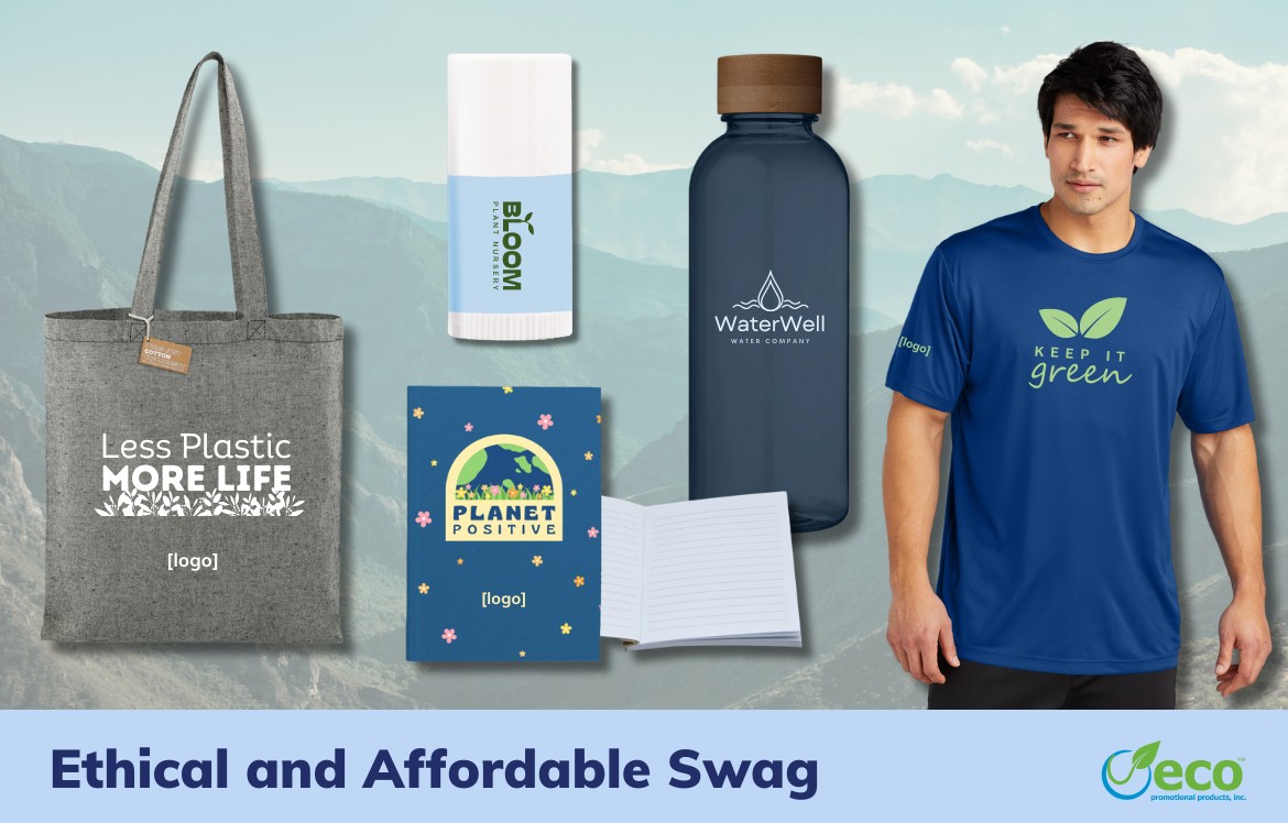 Ethical and affordable swag - recycled cotton tote bag, carbon free t-shirt, tree free bamboo notebook, RPET bottle, mini lip balm