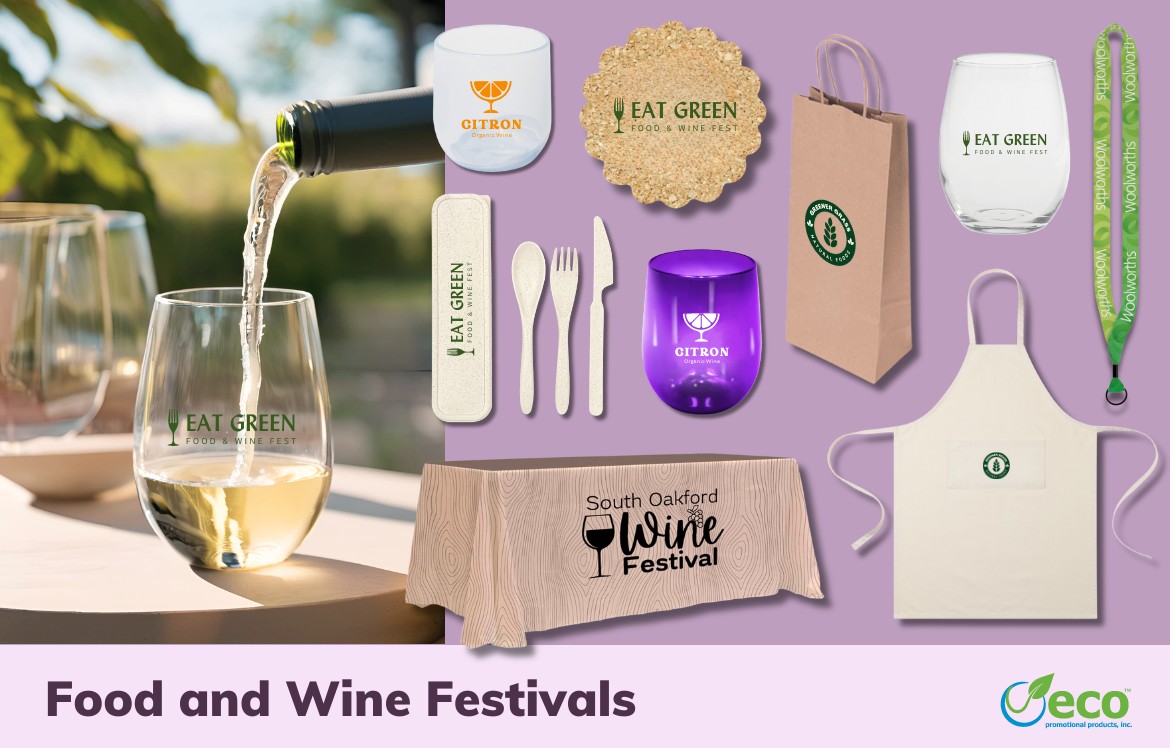 Promotional products for food and wine festivals - rpet tablethrow, lanyard, recycled cotton apron, kraft paper wine bags, wheat straw cutlery set, recycled ocean plastic wine glass, silicone wine glass, cork coasters, wine glass