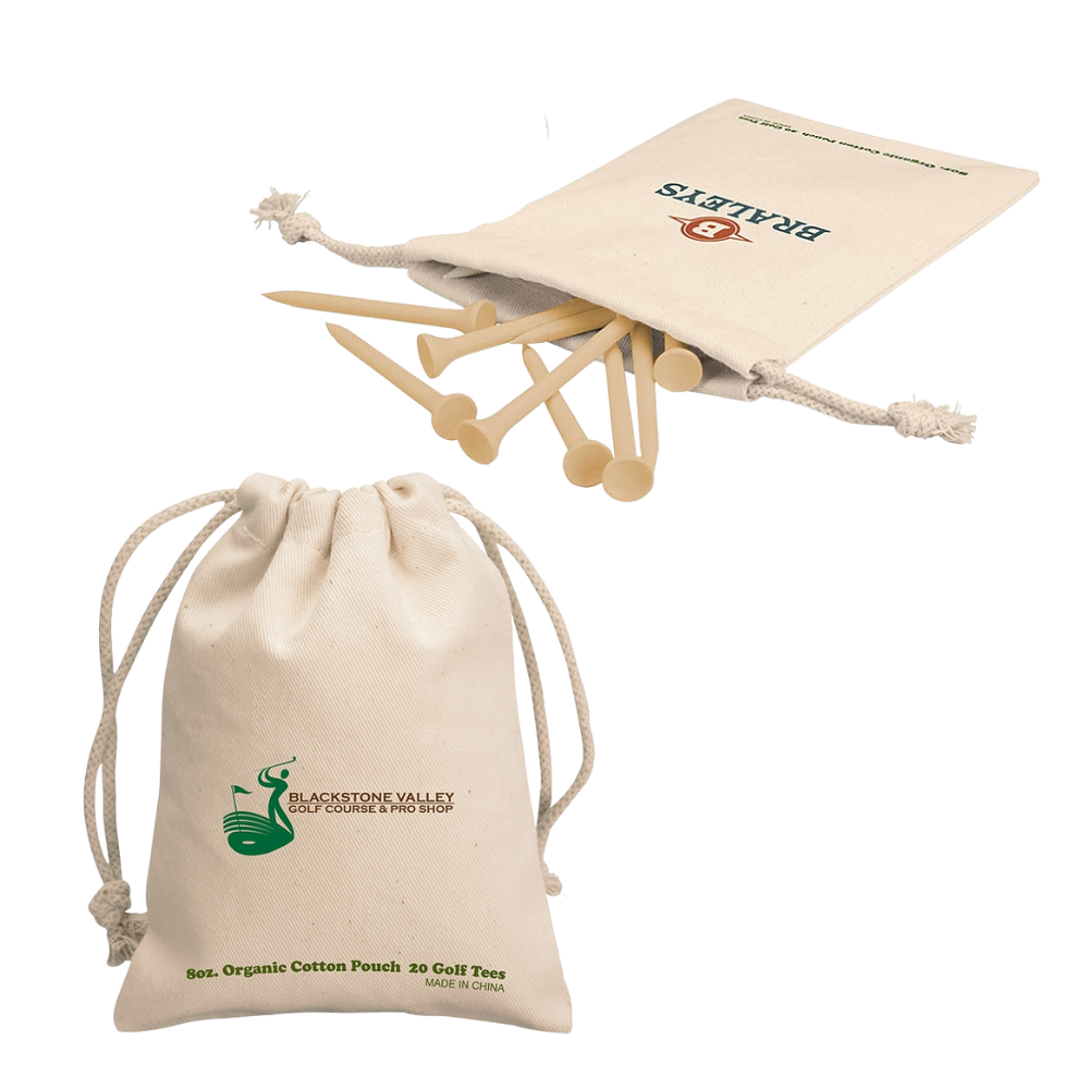 Wooden Golf Tee Set in Cotton Drawstring Pouch