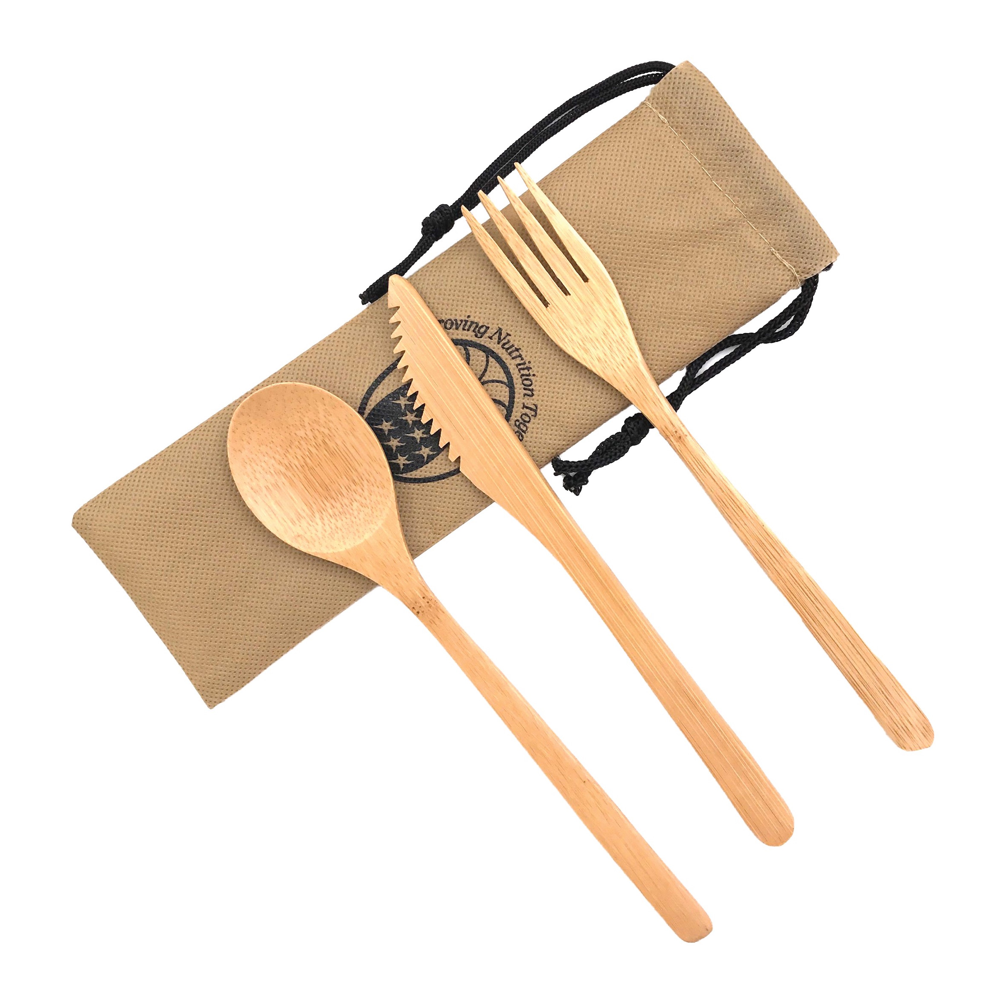 Bamboo Travel Cutlery/Utensil Set with Beige Organic Cotton Pouch