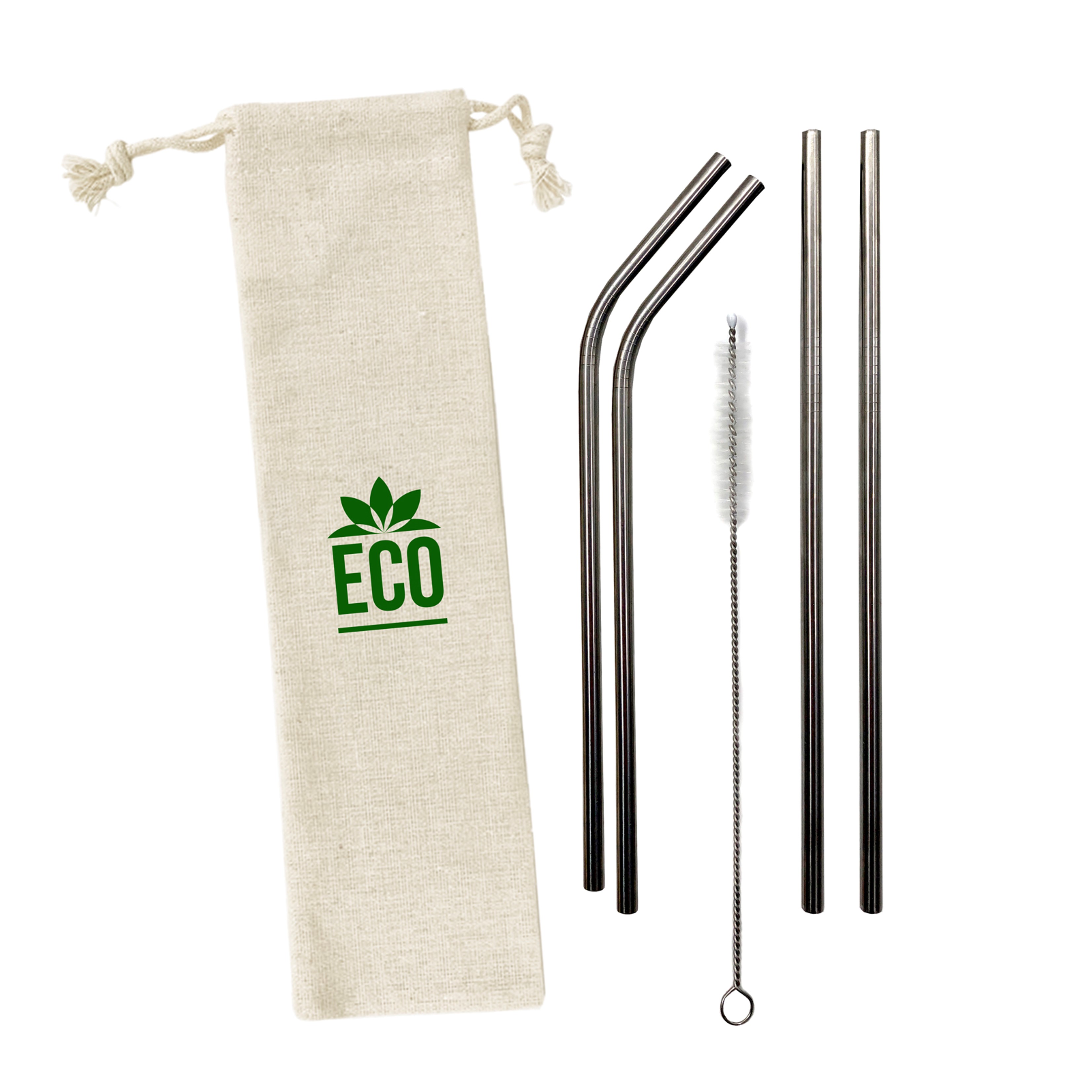 Stainless Steel Straw Set In Custom Pouch - 4 Straws & Cleaner
