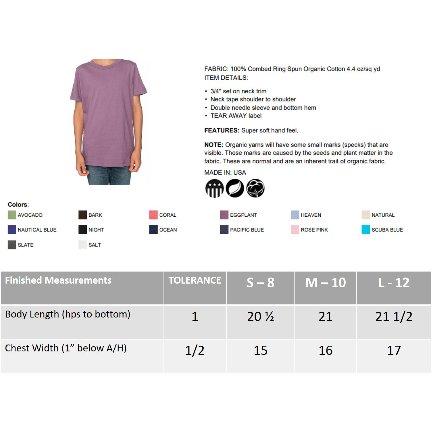Youth customizable organic cotton USA made short sleeve t-shirt-specifications