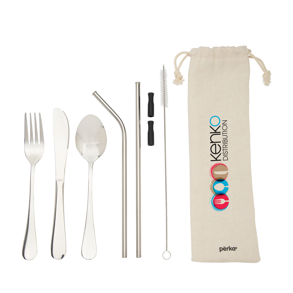 Perka® Stainless Utensil & Straw Set In Cotton Pouch | Reusable