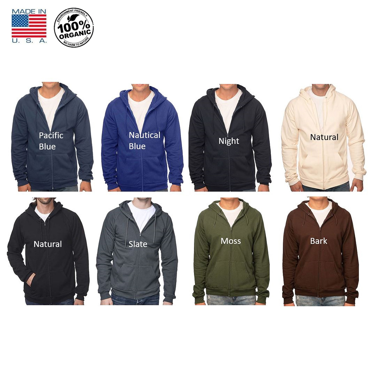 USA made organic cotton full zip hoodie colors imprinted