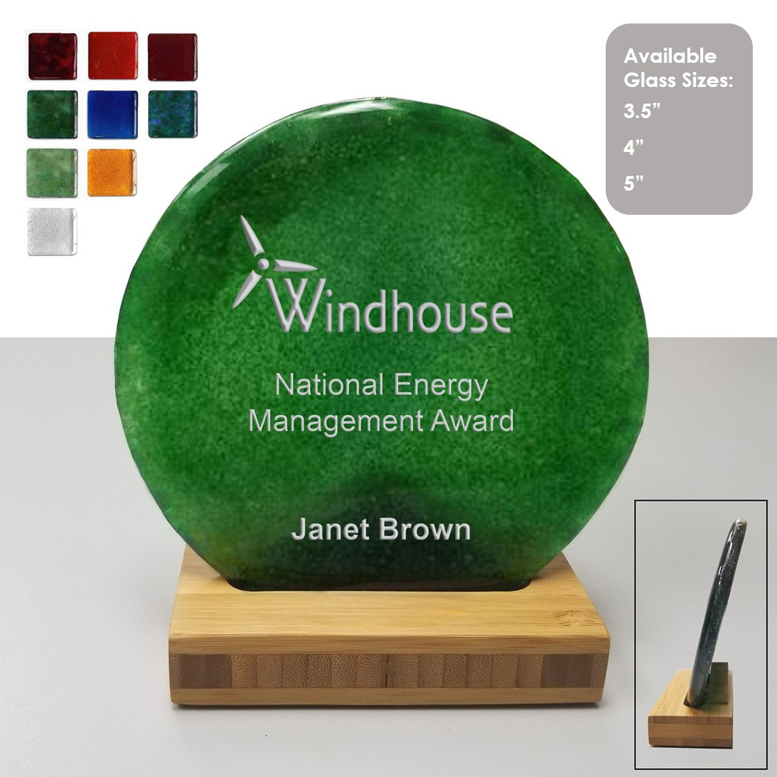 USA Made Round Recycled Glass Award on Bamboo Stand 6 inch tall