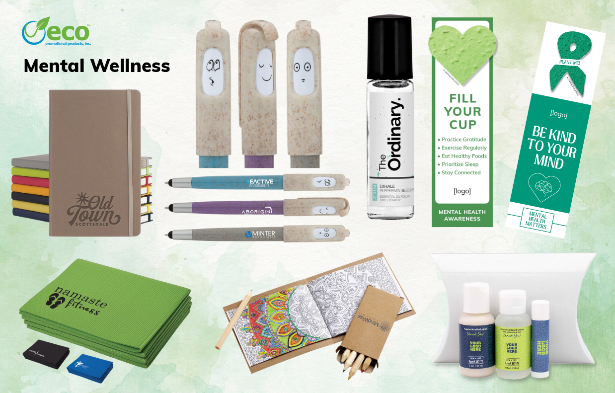 Mental Health and Wellness Eco Promotional Products, Yoga Mat, Journal, Bookmarks, Mood Pen, Coloring Book, Spa Set