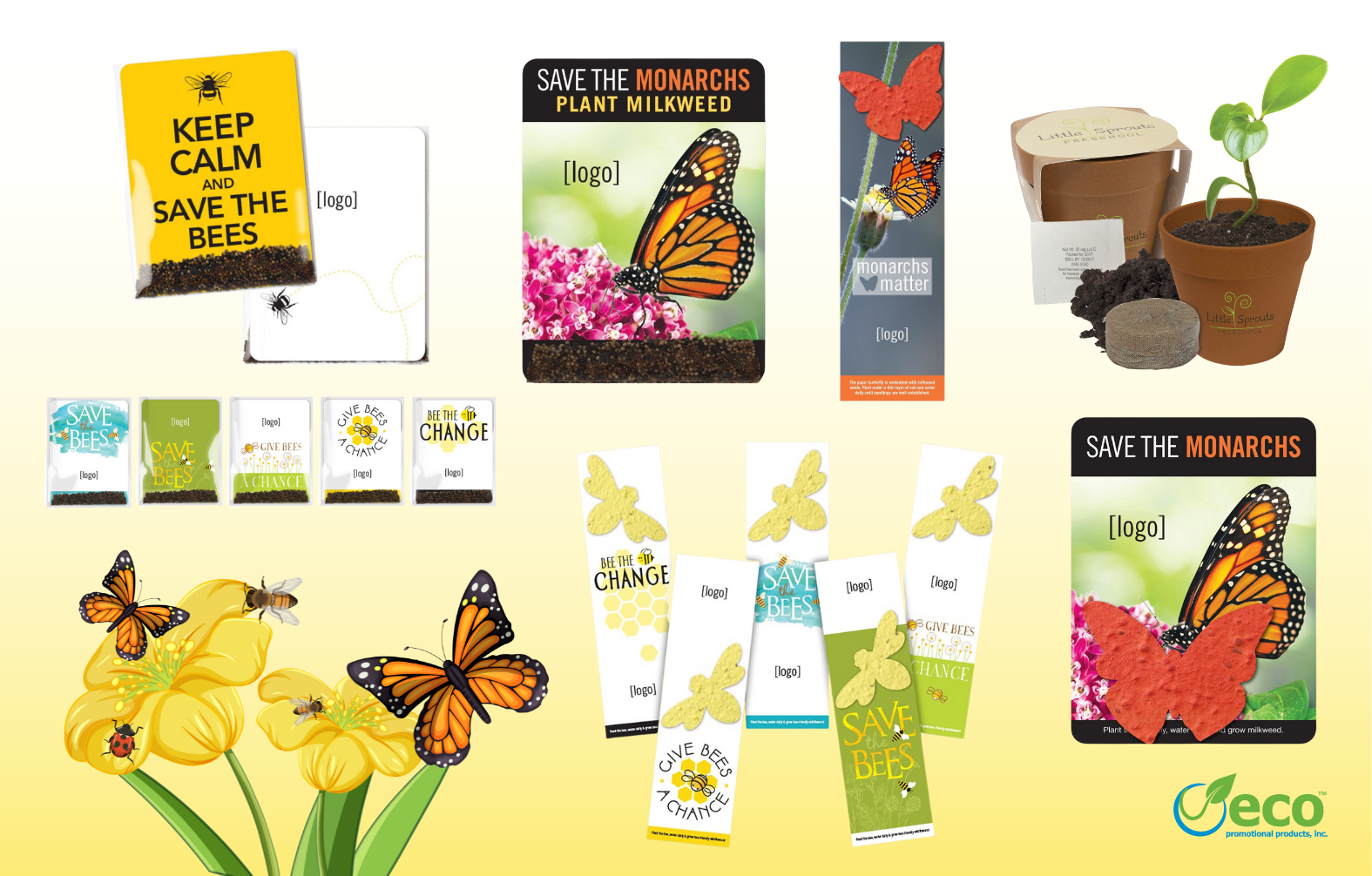 Save the Bees and Save the Monarchs Pollinator Promotional Products, Seeded Bookmarks, Plantable Shapes, Planters