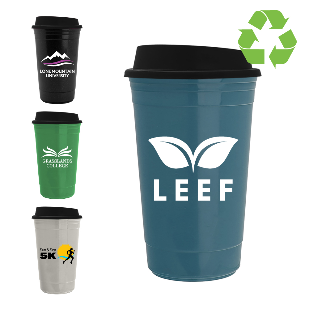 Recycled Reusable Insulated Travel Cup | USA Made | 16 oz in eco blue, eco green, eco gray, and black