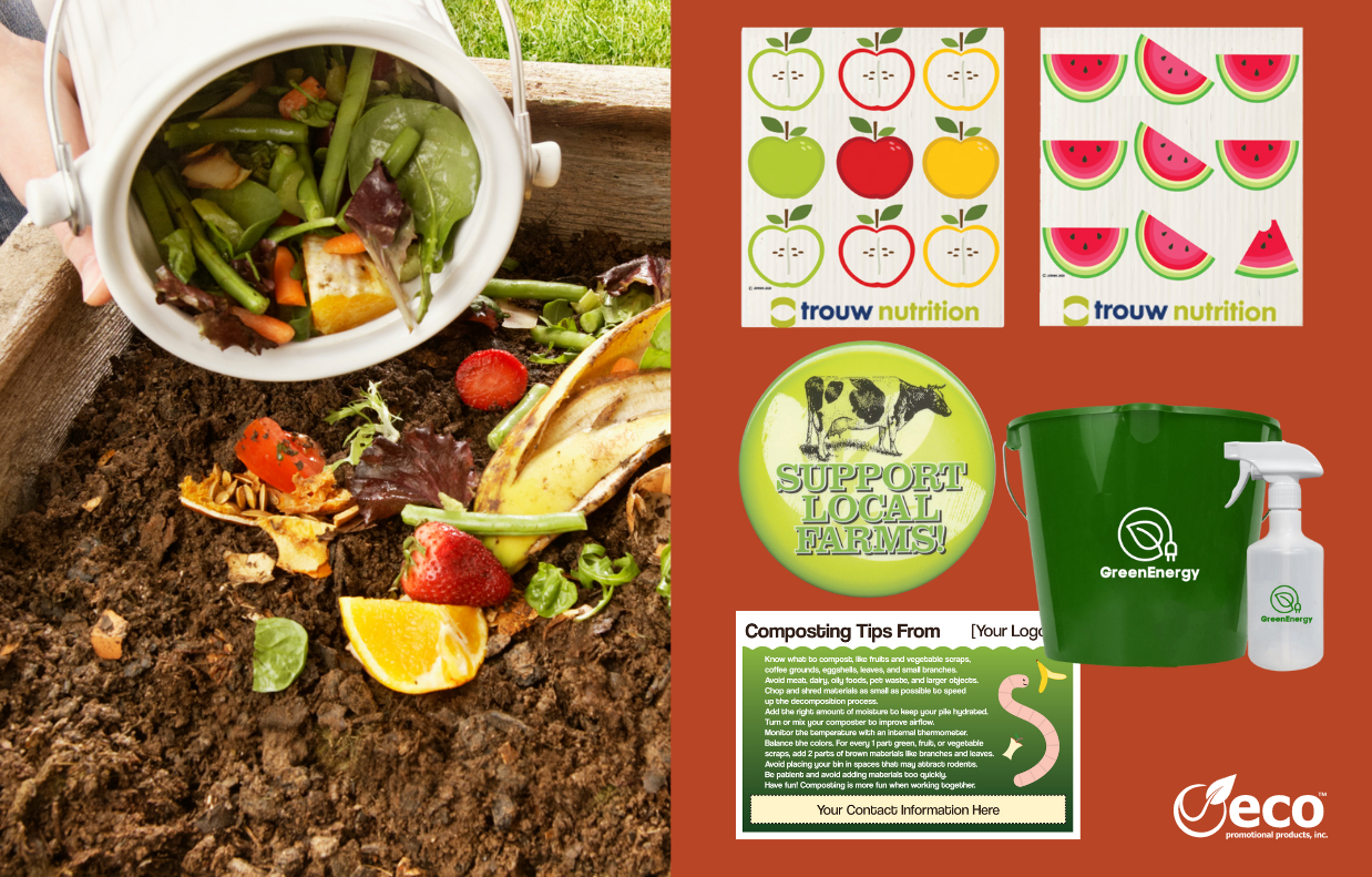 Composting Promotional Products, dishtowel, button, magnet, composting kit