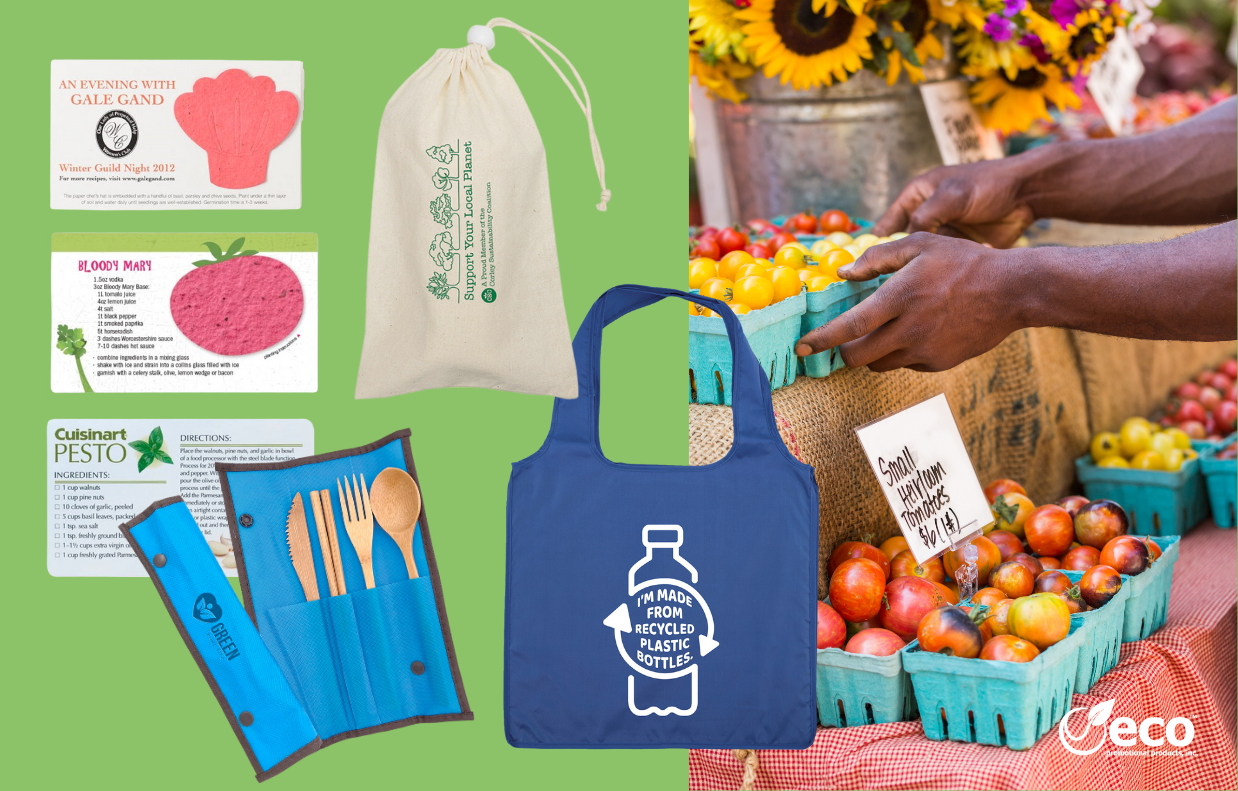 promotional products for farmers markets, utensil set, reusable bags, seeded receipe cards