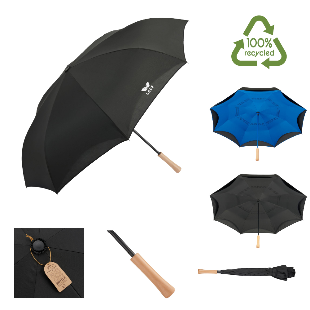 Recycled Manual Inversion Umbrella with FSC Certified Wood Handle 48" in black and royal blue