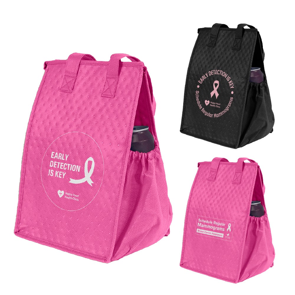 Breast Cancer Awareness Insulated Lunch Bag Zip Top 8x7x12 in black and pink