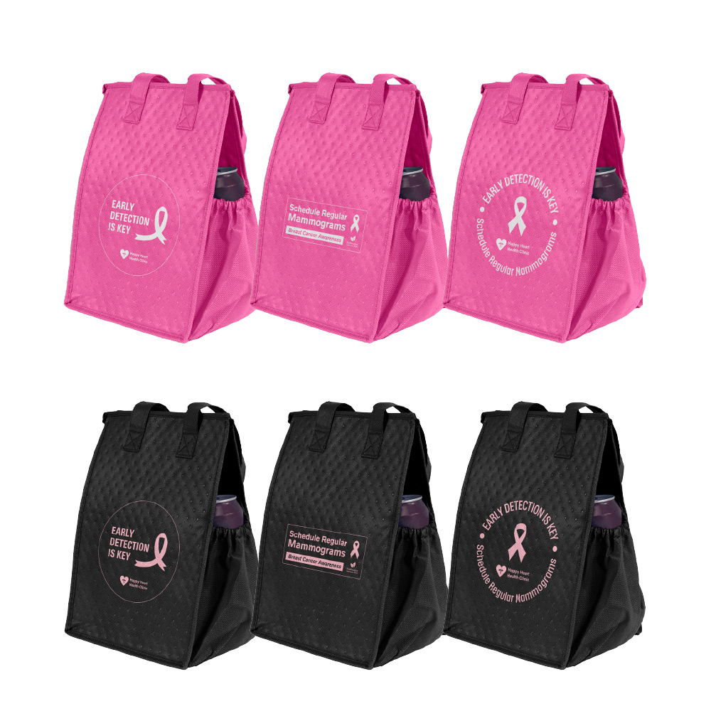 Breast Cancer Awareness Insulated Lunch Bag Zip Top 8x7x12 in black and pink