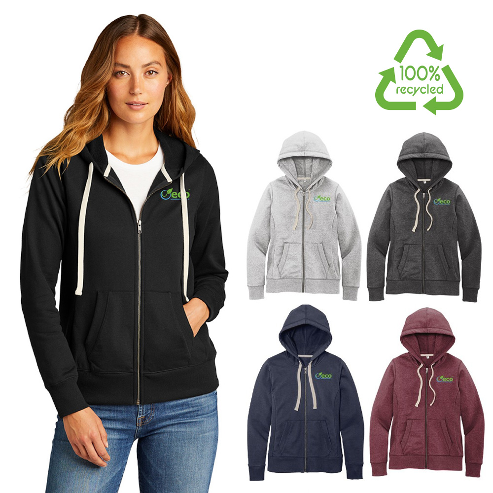 Womens recycled full zip hoodie branded logo sustainable sweatshirt