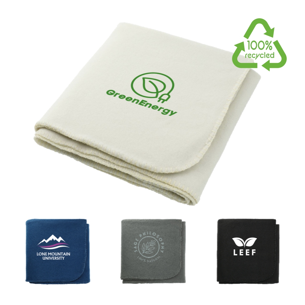 100% RPET Fleece Blanket Recycled 50x60 in khaki, navy, gray, and black