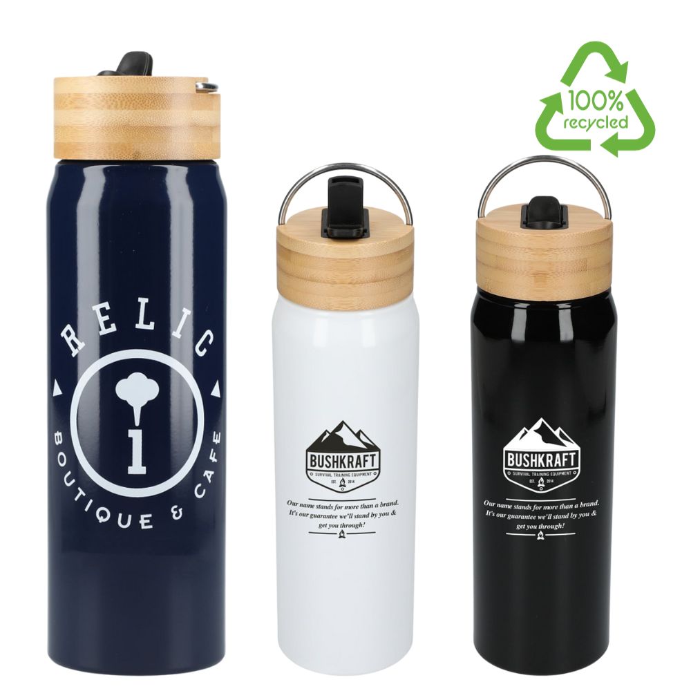 Recycled Plastic Custom Printed Reusable Water Bottles - Bamboo Lid