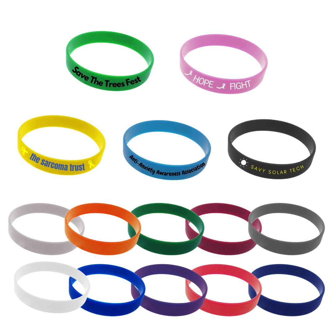 thumbnail image 2 of 5-10000 Pcs Custom Silicone Wristbands Bulk With Your Text, Clipart, Personalized 1/2 Inch Rubber Bracelets For Motivation, Events, Gifts, Support, Fundraisers, Awareness (6.Solid Color With Icons 2 of 13