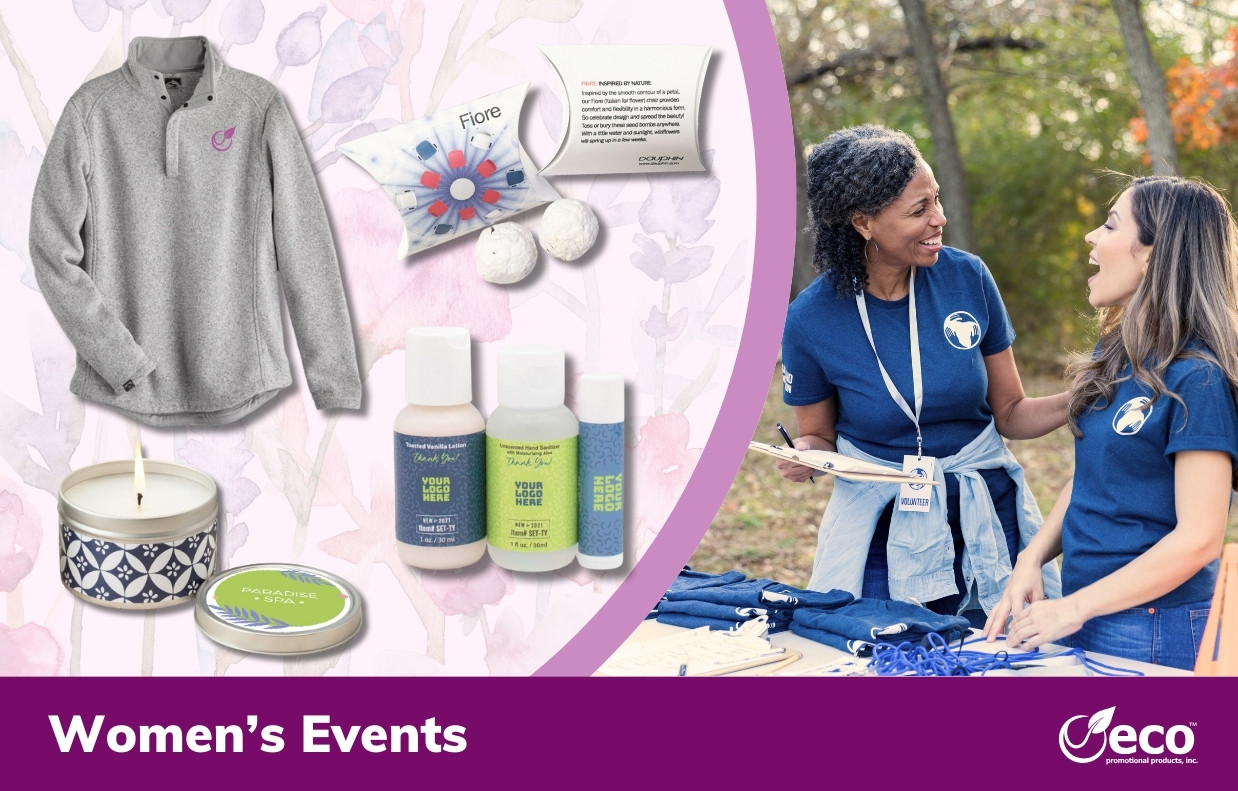 Promo items for women's events - sweater, wellness kit, candles, and plantable seed bombs.