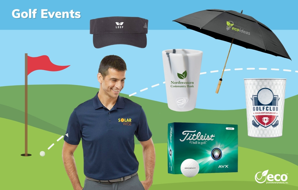 Promotional products for golf events - umbrella, visor, polo, golf balls, pint glass and silicone shot glass