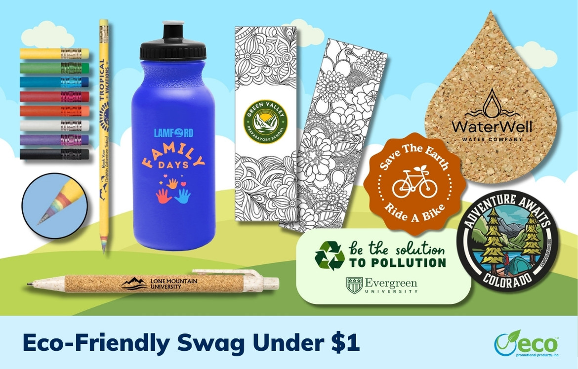 Sustainable promotional products under $1 - sport bottle, pencil, bookmark, cork coaster, sticker decals