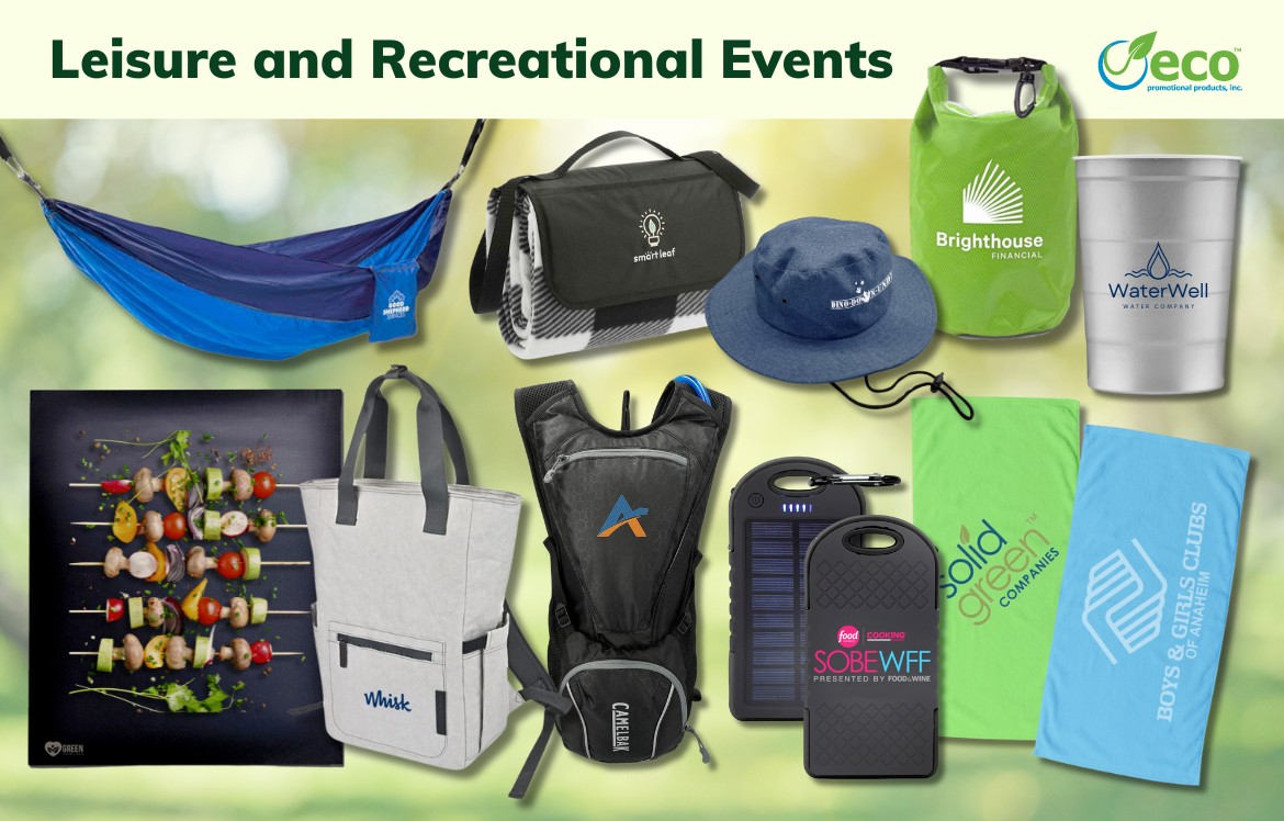 Sustainable promotional products for recreational events - hammock, BBQ grill mat, backpack cooler, picnic blanket, hydration pack, steel chill cup, RPET dry bag, sun hat, beach towel, solar power bank