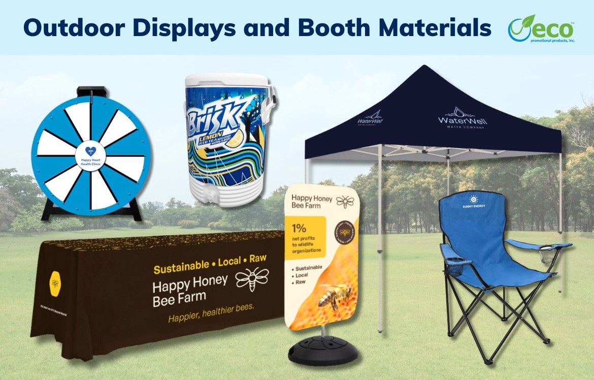 Sustainable outdoor displays and booth materials - prize wheel, cooler, canopy tents, RPET table throws, folding chairs, swivel displays