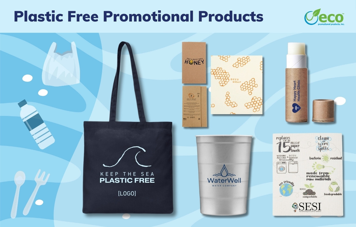 Plastic free promotional products - cotton tote, bees wrap, lip balm in kraft paper, reusable steel cup, biodegradable dishcloth