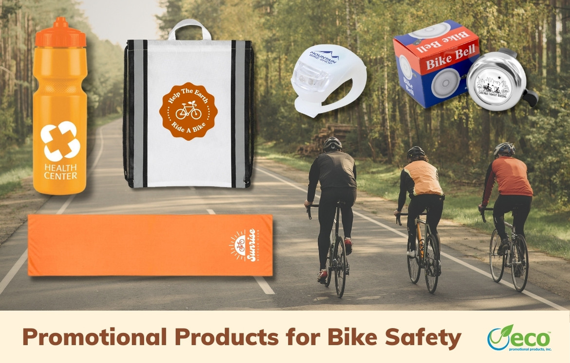 Promotional products for bike safety - water bottle, recycled safety drawstring backpack, bike bell, bike light, cooling towel
