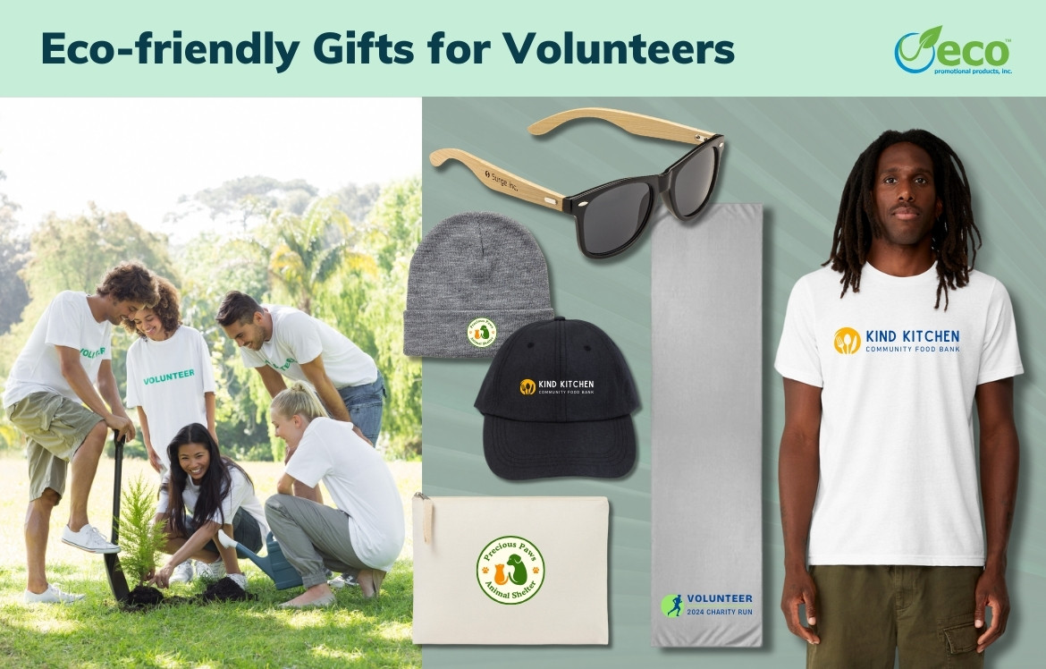 Eco friendly volunteer gifts - tshirt, beanie, hat, pouch, sunglasses, cooling towel