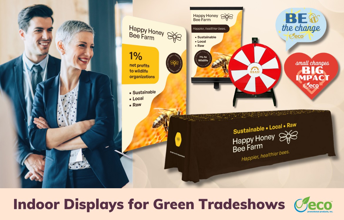 Promotional products for green tradeshows - RPET banner, tablecloth, tabletop banners, prize wheel, custom signage