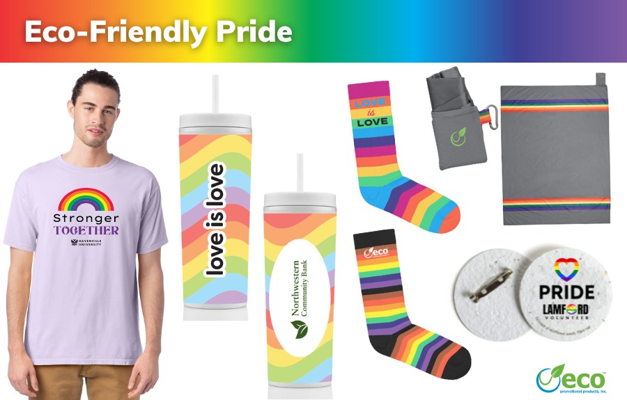 Eco friendly pride promotional products - t-shirt, rainbow tumbler, socks, blanket, seed paper button