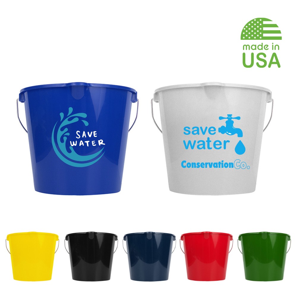 blue and white buckets with "save water" text