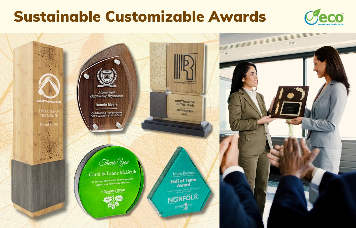 Eco friendly awards - bamboo award, coconut and bamboo award, recycled acrylic award, recycled glass award