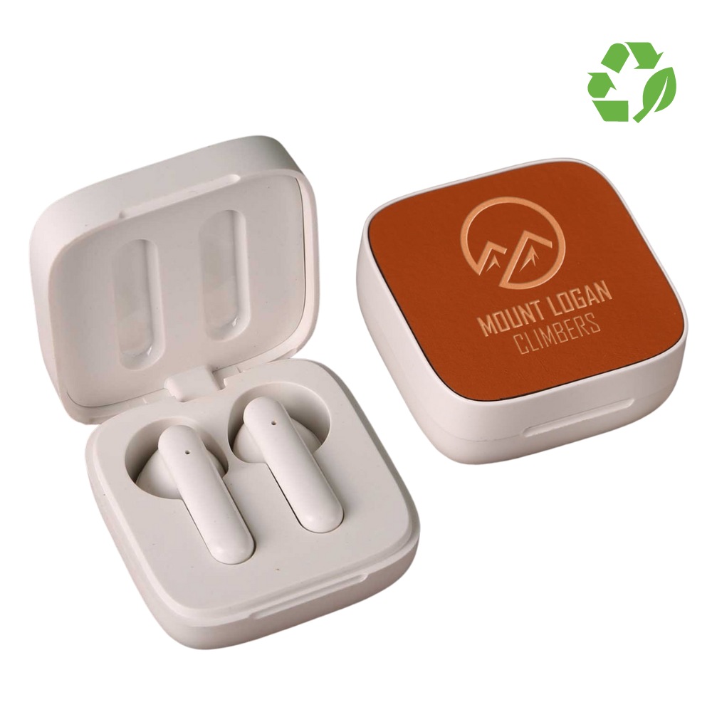 Recycled Plastic and Recycled Faux Leather Wireless Custom Earbuds