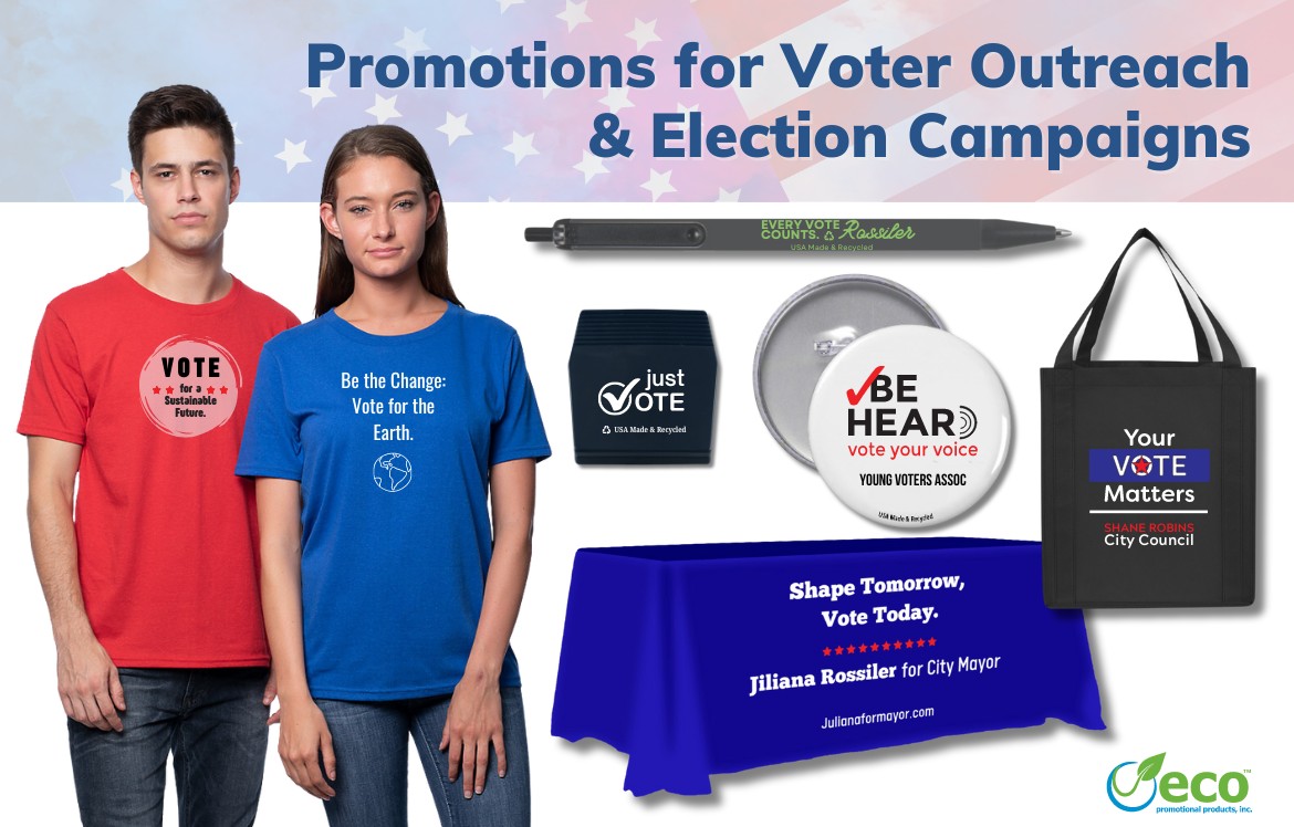 Voter outreach promotional products - t-shirt, bag, button, tablethrow, clip, pen