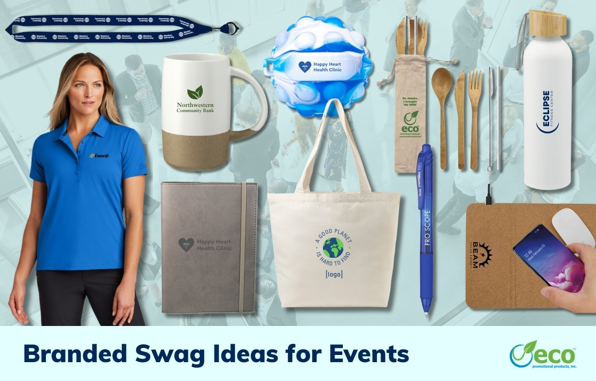 Branded swag - polo, lanyard, mug, notebook, stress ball, tote, utensil set, pen, water bottle, wireless charger