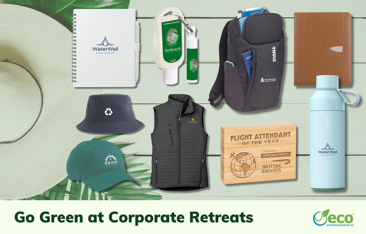 corporate retreat products - notebook, bucket hat, baseball cap, vest, hand sanitizer, backpack, bamboo award, water bottle, leather padfolio