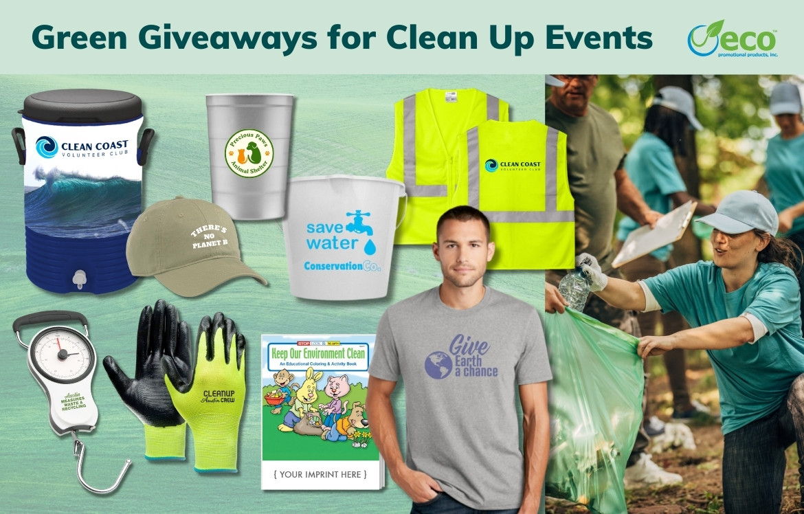 Giveaways for clean up events - cooler, steel cup, baseball cap, scale, gloves, coloring book, bucket, safety vest, t-shirt
