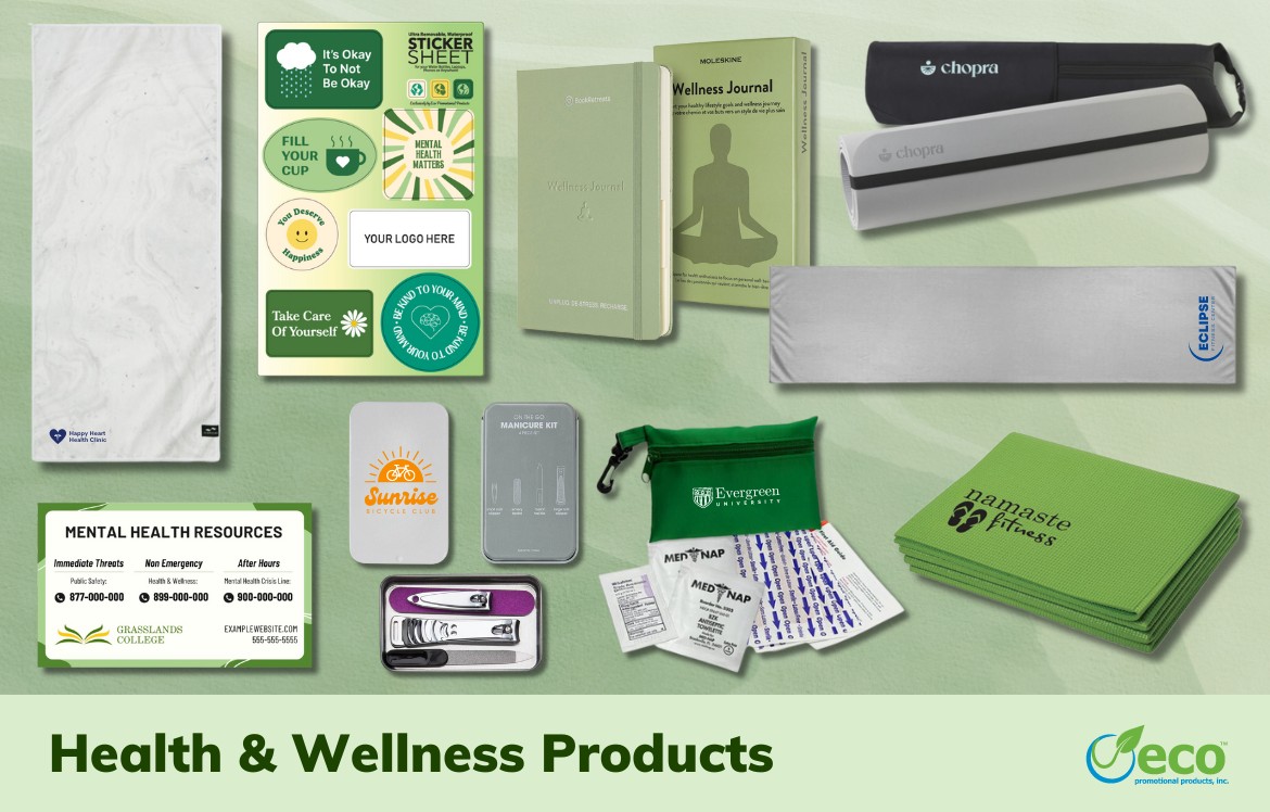 Health and wellness promotional products - cooling towel, sticker sheet, magnet, wellness journal, first aid kit, yoga mat, nail clipper kit