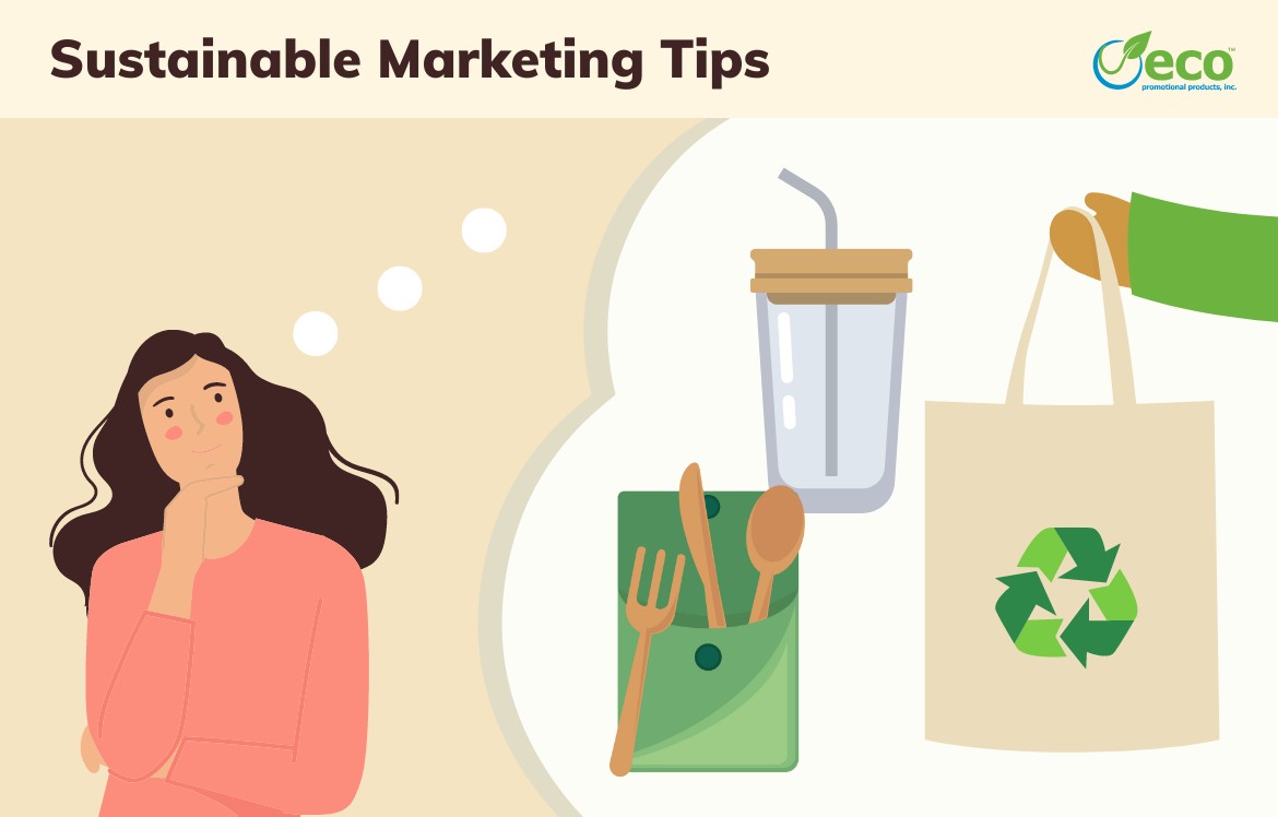 Sustainable marketing tips - woman thinking about different sustainable promotional products