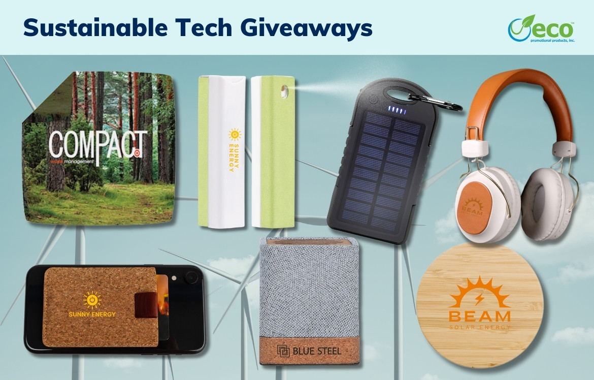 Sustainable tech giveaways - cork wallet, microfiber cleaning cloths, phone sanitizer, wireless speaker, solar charger, recycled headphones, wireless charger