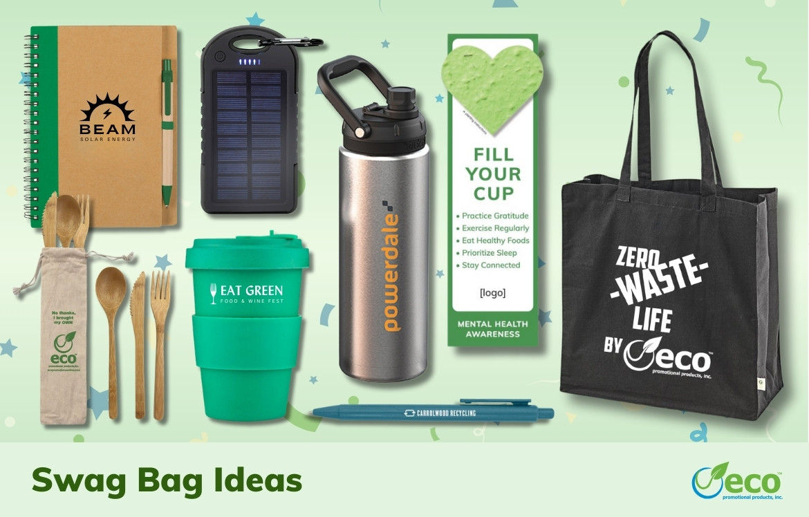swag bag ideas text with notebook, utensil set, solar charger, reusable coffee cup, pen, water bottle, seeded shape bookmark, and reusable cotton tote