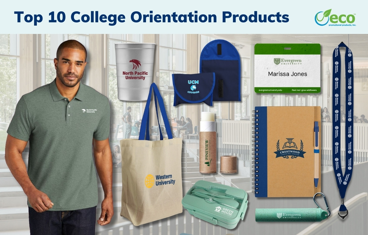 Top 10 Promotional Products For College Orientations - polo, tote, reusable sandwich bag, lip balm, mints, notebook, bag tag, lanyard, name badge, stainless steel cup