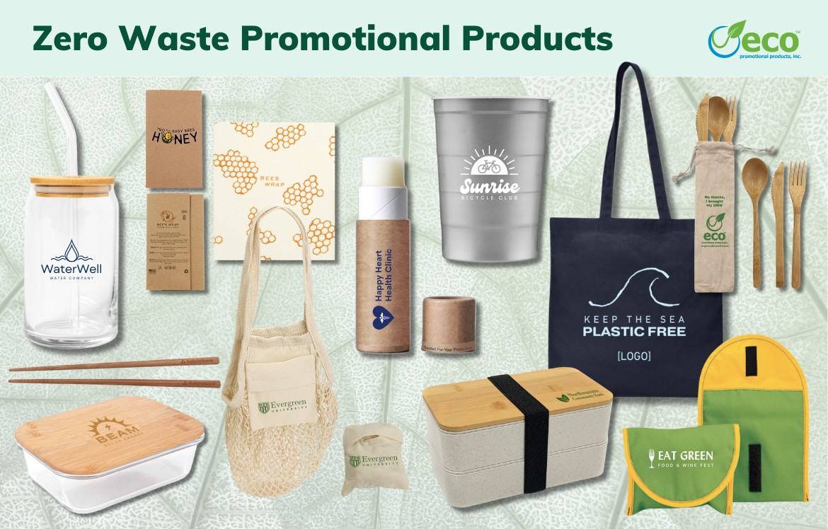Zero waste promotional products - tumbler, bees wrap, food container, chopsticks, utensil set, sandwich bag, glass food container, cotton tote, stainless steel cup, plastic free lip balm, produce bag
