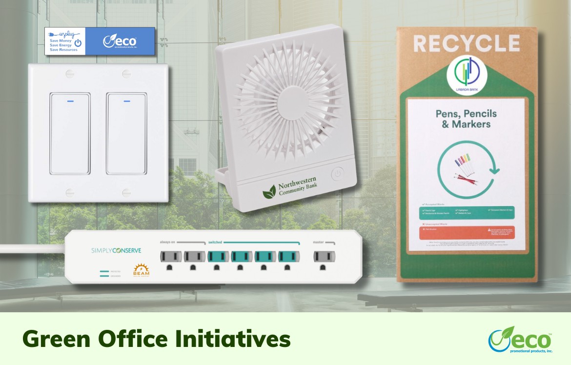 Office promotional products - save energy decal, power strip, recycle box, desktop fan