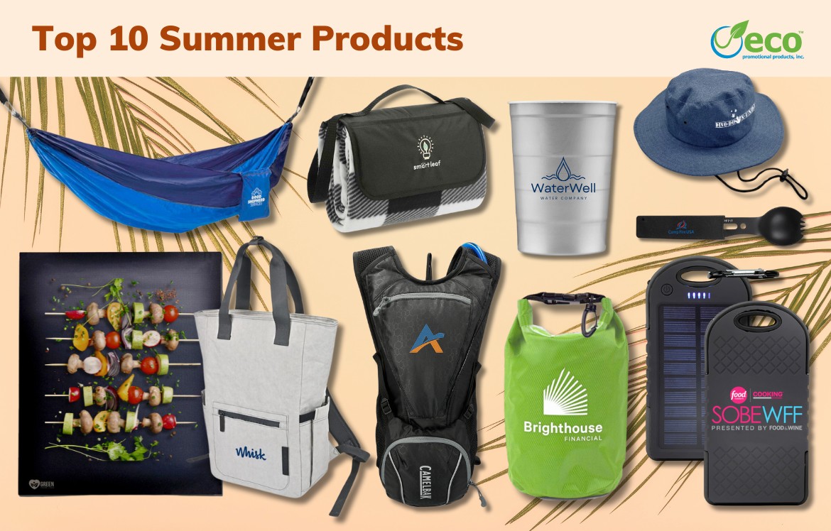 Top 10 summer products - bbq mat, hammock, backpack cooler, hydration pack, steel cup, picnic blanket, dry bag, solar power bank, bucket hat, utensil set tool