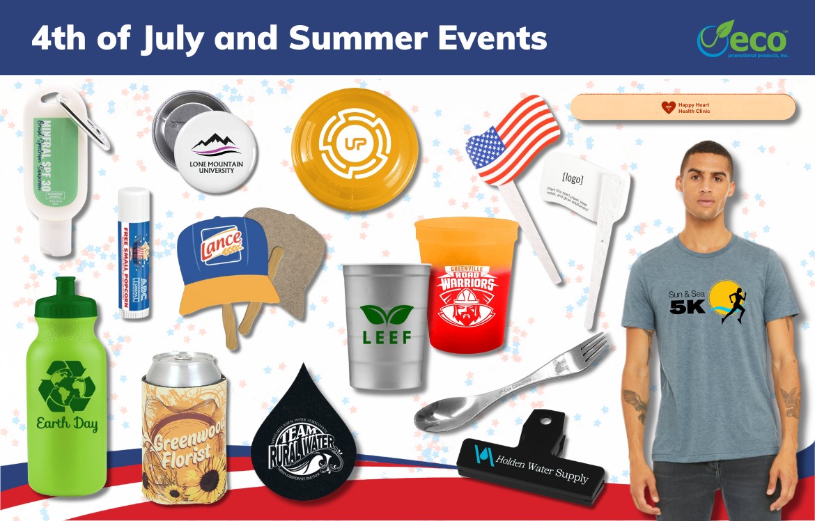 Top 15 promotional products for 4th of July - stadium cup, steel cup, tshirt, mineral sunscreen, bottle, button, eco cooler, spork, t-shirt, nail file, chip clip, plantable flag, frisbee, hand fan, jar opener, lip balm