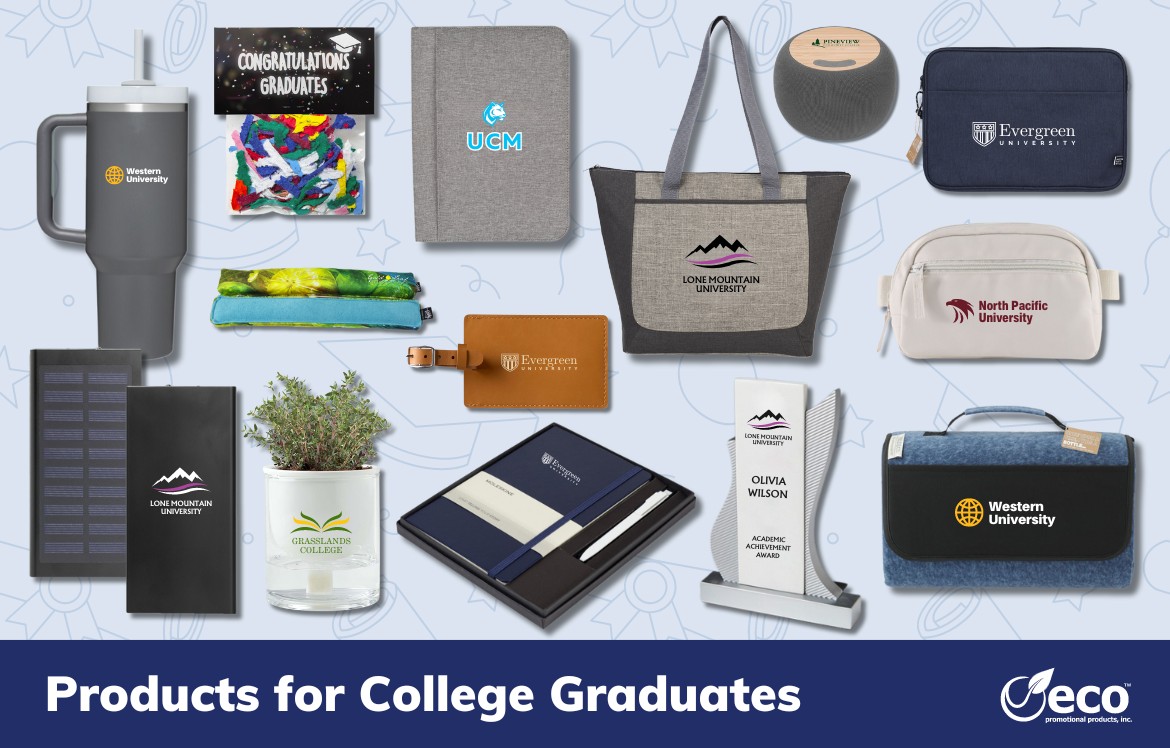 Products for college graduates - confetti packet, wrist support, stanley tumbler, portable solar charger, planter kit, bluetooth speaker, fanny pack, tote, stone award, luggage tag, padfolio, notebook set, laptop sleeve, picnic blanket