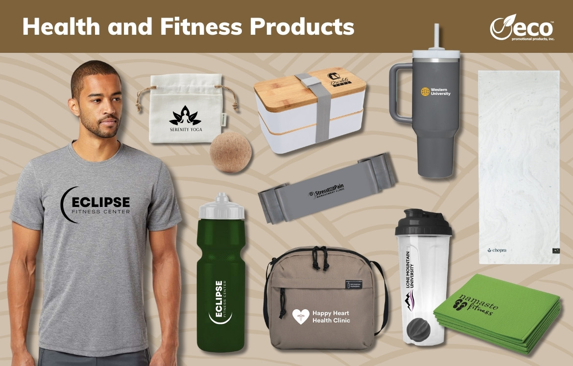 Health and fitness products - t-shirt, cork ball, water bottle, exercise stretch band, lunch container, yoga mat, lunch cooler bag, tumbler with mixer ball, quick dry towel