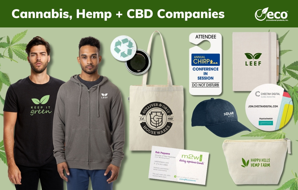 Products for cannabis companies - hemp cotton shirt, hemp cotton hoodie, hemp cap, hemp tote, hemp paper magnets, hemp journal, hemp paper door hanger, hemp coaster, hemp business card, hemp pouch